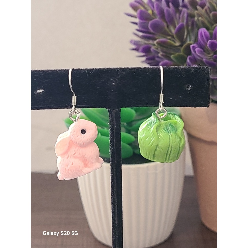 Handmade Pink Bunny‎ and Green Cabbage Dangle Earrings Whimsical Novelty Jewelry